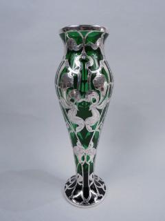 Antique American Art Nouveau Green Silver Overlay Vase - 3767139