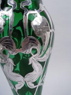 Antique American Art Nouveau Green Silver Overlay Vase - 3767140