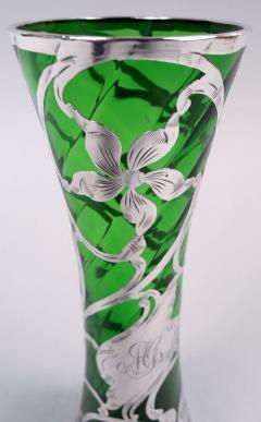 Antique American Art Nouveau Green Silver Overlay Vase - 4222711
