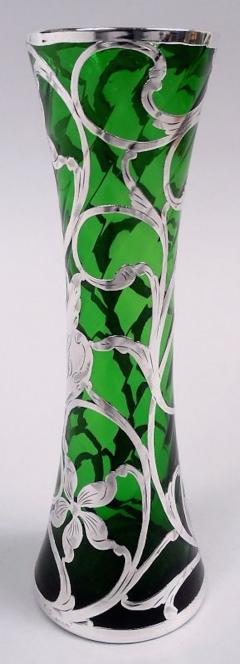 Antique American Art Nouveau Green Silver Overlay Vase - 4222714
