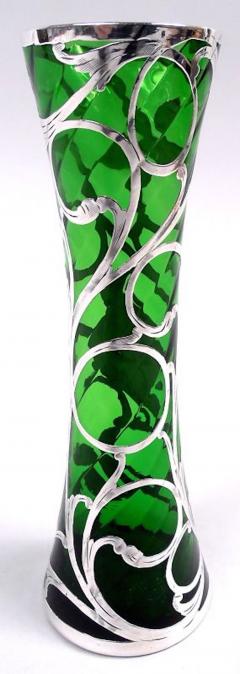Antique American Art Nouveau Green Silver Overlay Vase - 4222715