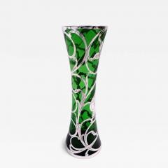 Antique American Art Nouveau Green Silver Overlay Vase - 4225800