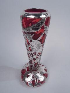 Antique American Art Nouveau Red Silver Overlay Vase - 3767197