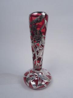 Antique American Art Nouveau Red Silver Overlay Vase - 3767198