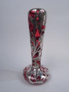 Antique American Art Nouveau Red Silver Overlay Vase - 3767199