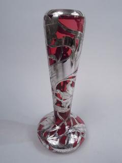 Antique American Art Nouveau Red Silver Overlay Vase - 3767200