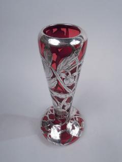 Antique American Art Nouveau Red Silver Overlay Vase - 3767201