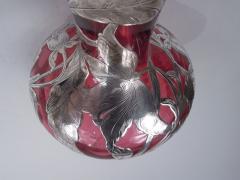 Antique American Art Nouveau Red Silver Overlay Vase - 3767204