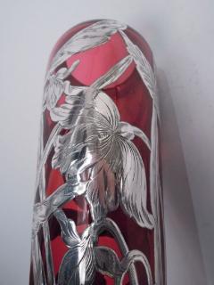 Antique American Art Nouveau Red Silver Overlay Vase - 3767205