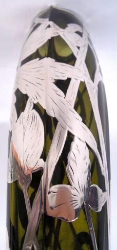 Antique American Art Nouveau Silver Overlay Vase in Rare Olive Green - 4431380