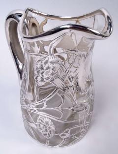 Antique American Art Nouveau Silver Overlay Water Pitcher - 4221335
