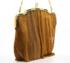 Antique Art Deco 18K Gold Mesh Evening Bag With Emerald and Diamond Frame - 3512981