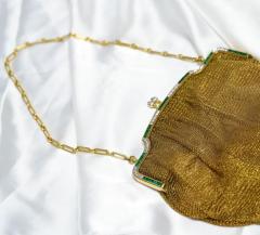 Antique Art Deco 18K Gold Mesh Evening Bag With Emerald and Diamond Frame - 3513030