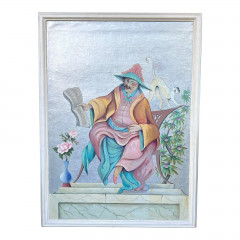 Antique Art Deco Chinoiserie Oil Painting Chinese Musician Monkey - 2936262