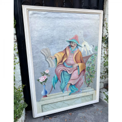 Antique Art Deco Chinoiserie Oil Painting Chinese Musician Monkey - 2936267