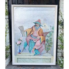 Antique Art Deco Chinoiserie Oil Painting Chinese Musician Monkey - 2936269