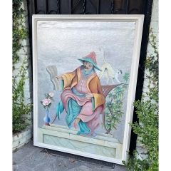 Antique Art Deco Chinoiserie Oil Painting Chinese Musician Monkey - 2936272