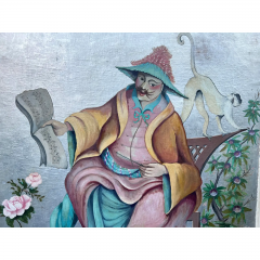 Antique Art Deco Chinoiserie Oil Painting Chinese Musician Monkey - 2936278