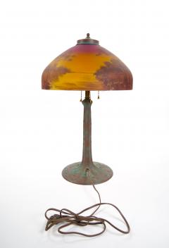 Antique Arts Crafts Phoenix Reverse Painted Table Lamp Landscape Scene - 4316032