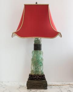 Antique Asian Large Carved Green Fluorite Lamp with Custom Red Pagoda Shade - 2341630