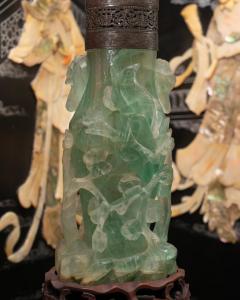 Antique Asian Large Carved Green Fluorite Lamp with Custom Red Pagoda Shade - 2341631