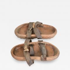 Antique Asian Primitive Wood Clog Shoes Open Toe Sandals Leather Strap Cleats - 1911879