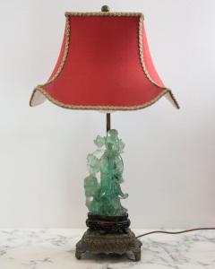 Antique Asian Small Carved Green Fluorite Lamp with Custom Red Pagoda Shade - 2341634