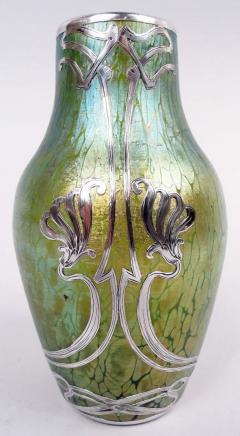 Antique Austrian Art Nouveau Silver Overlay Iridescent Vase - 4246905
