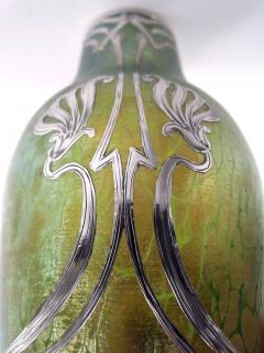 Antique Austrian Art Nouveau Silver Overlay Iridescent Vase - 4247057