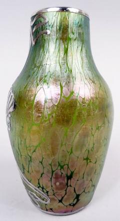 Antique Austrian Art Nouveau Silver Overlay Iridescent Vase - 4247059