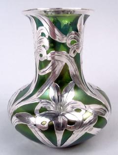 Antique Austrian Art Nouveau Silver Overlay Iridescent Vase - 4337089
