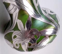 Antique Austrian Art Nouveau Silver Overlay Iridescent Vase - 4337144