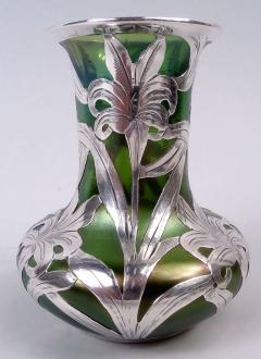 Antique Austrian Art Nouveau Silver Overlay Iridescent Vase - 4337152
