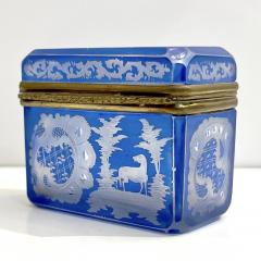 Antique Austrian Sky Blue Bohemian Engraved Cut Crystal Trinket Box with Lid - 2945807