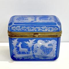 Antique Austrian Sky Blue Bohemian Engraved Cut Crystal Trinket Box with Lid - 2945809