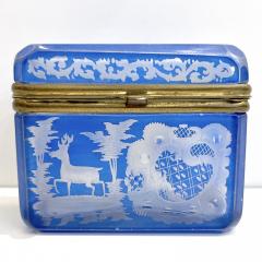 Antique Austrian Sky Blue Bohemian Engraved Cut Crystal Trinket Box with Lid - 2945815