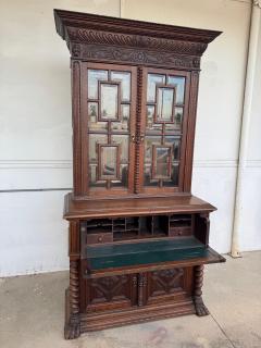 Antique Barley Twist English Oak Secretary with Display Cabinet - 4360061