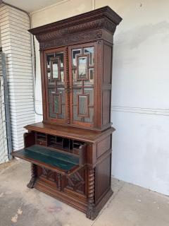 Antique Barley Twist English Oak Secretary with Display Cabinet - 4360168
