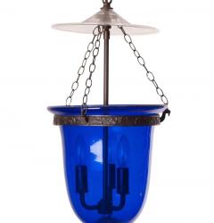 Antique Blue Glass Bell Jar Lantern with Clear Cover circa 1860 - 1842778