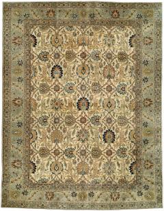 Antique Botanic Cream Blue Persian Tabriz Hand Knotted Wool Rug - 2450148