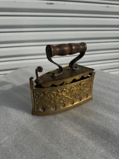 Antique Brass with Wood Handle Coal Flat Iron - 4383288