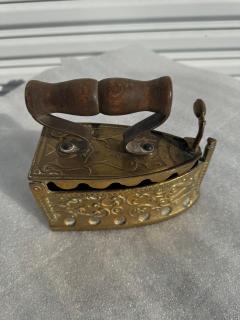 Antique Brass with Wood Handle Coal Flat Iron - 4383322