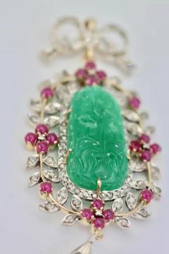 Antique Carved Chrysoprase Pendant Diamonds Rubies Pearl 18 Karat Gold - 3448905