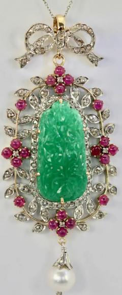 Antique Carved Chrysoprase Pendant Diamonds Rubies Pearl 18 Karat Gold - 3448917