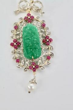 Antique Carved Chrysoprase Pendant Diamonds Rubies Pearl 18 Karat Gold - 3448937