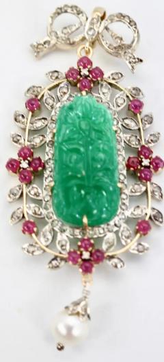 Antique Carved Chrysoprase Pendant Diamonds Rubies Pearl 18 Karat Gold - 3448947