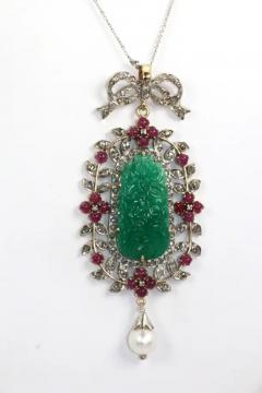 Antique Carved Chrysoprase Pendant Diamonds Rubies Pearl 18 Karat Gold - 3448992