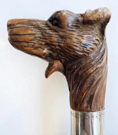 Antique Carved Dog Glove Holder Walking Stick Cane with Silver Banding - 3589996