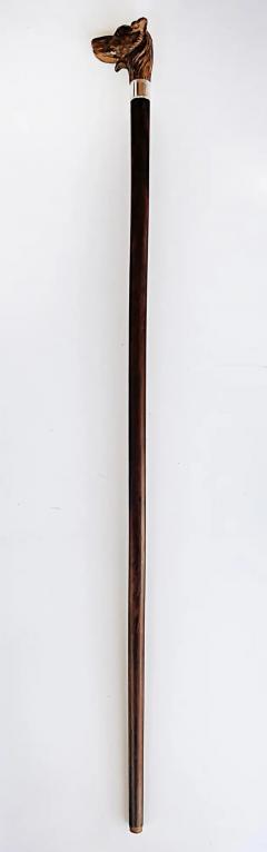Antique Carved Dog Glove Holder Walking Stick Cane with Silver Banding - 3590009