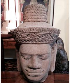 Antique Carved Khmer Stone Head on Wood Stand - 94737